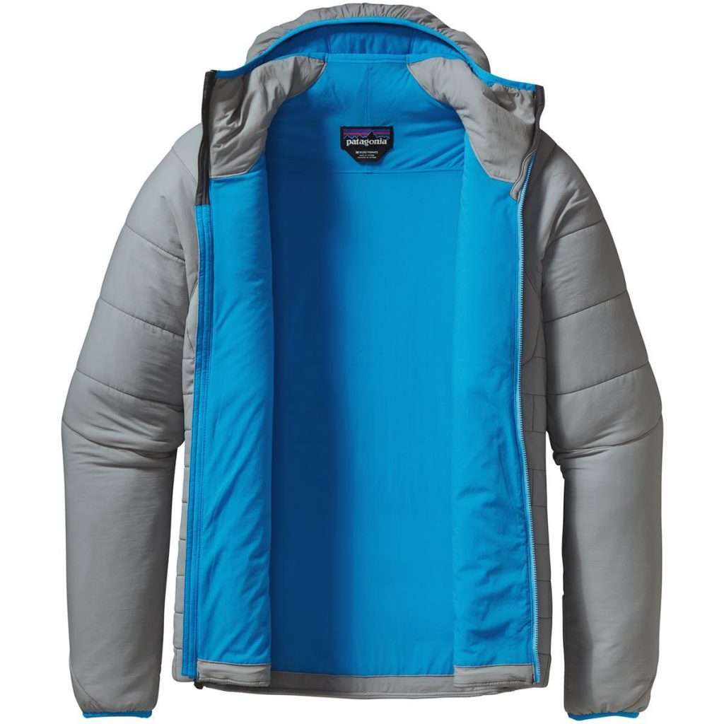 Patagonia Nano-Air Insulated Hooded Jacket in dark grey, showing front zipper detail and athletic fit